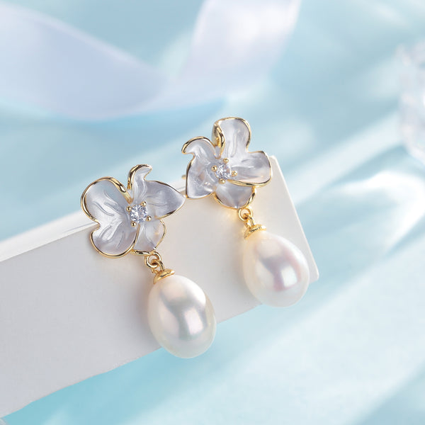 Magnolia Enamel Pearl Drop Earrings - Zafari Studio Jewelry